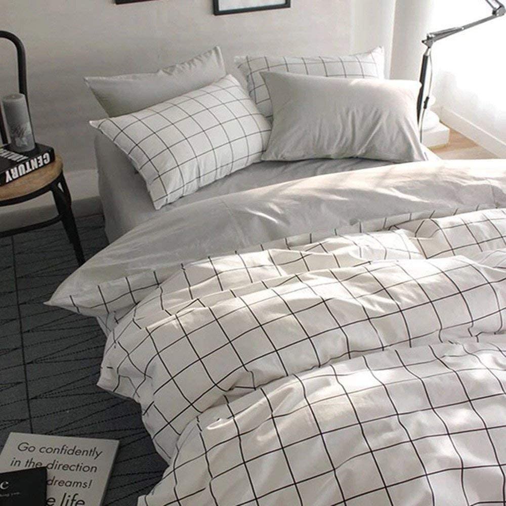 Price:$58.40    VClife Queen/Full Duvet Cover Set Cotton Bedding Set Collection with 2 Pillow Shams Grey White Checkered Style  Home & Kitchen