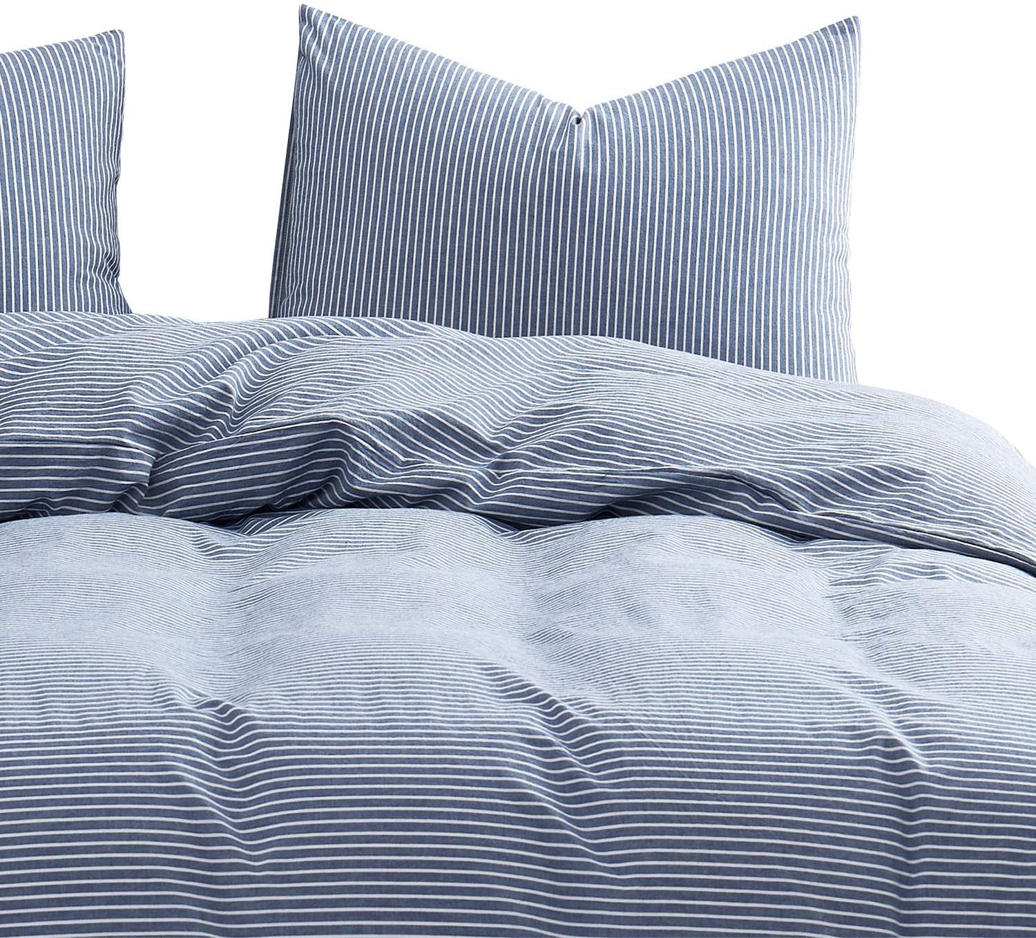 Price:$52.99    Wake In Cloud - Washed Cotton Duvet Cover Set, White Striped Ticking Pattern Printed on Navy Blue, 100% Cotton Bedding, with Zipper Closure (3pcs, Queen Size)  Home & Kitchen