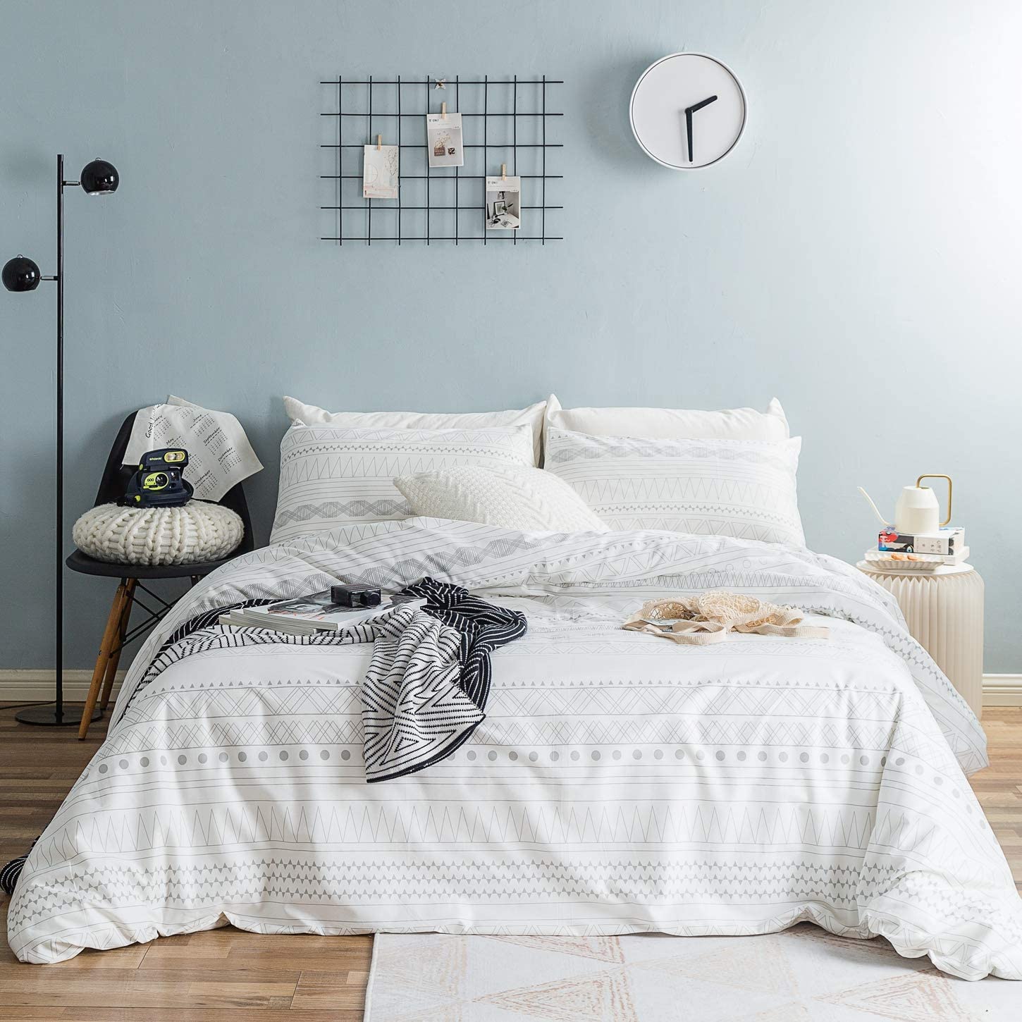 Price:$49.99    SUSYBAO 3 Piece Duvet Cover Set Queen Size 100% Natural Cotton White and Grey Boho Geometric Bedding Set 1 Aztec Duvet Cover with Zipper Ties 2 Pillowcases Luxury Quality Soft Comfortable Durable Warm  Home & Kitchen