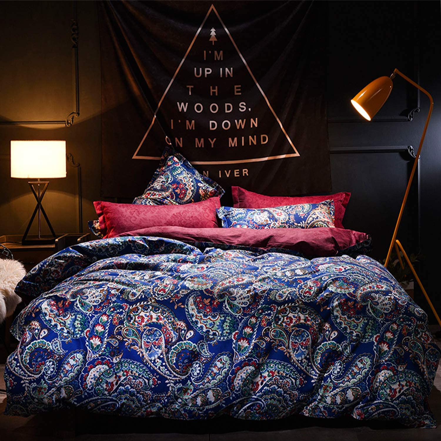 Price:$26.90    LAMEJOR Duvet Cover Set Queen Size Bohemia Exotic Style Paisley Pattern Reversible Luxury Soft Bedding Set Comforter Cover (1 Duvet Cover+2 Pillowcases) Blue/Wine Red  Home & Kitchen