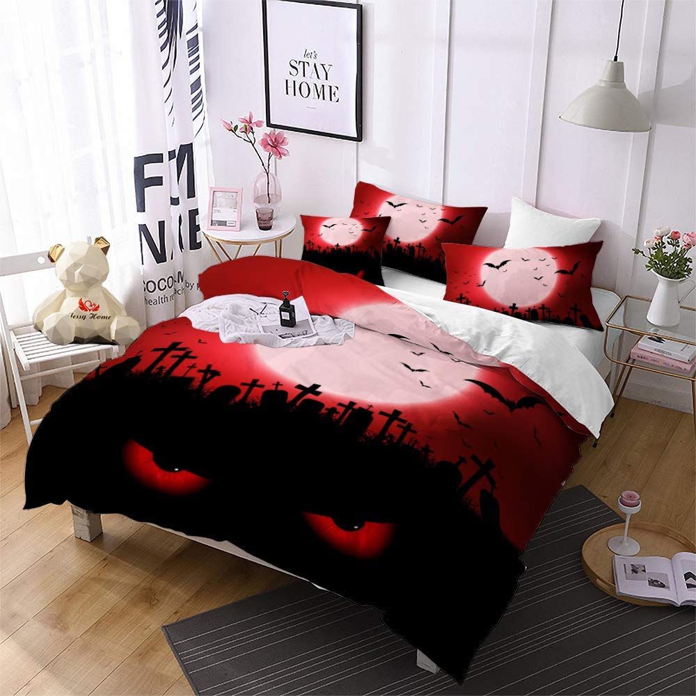 Price:$10.99    Jessy Home Halloween Bedding 3 Piece Full Size Cartoon Duvet Cover Red Moon Bat Decor Halloween Bedroom Bed Halloween Cartoon Comforter Cover for Teen Adult (Red 2 Pillow Cases)  Home & Kitchen