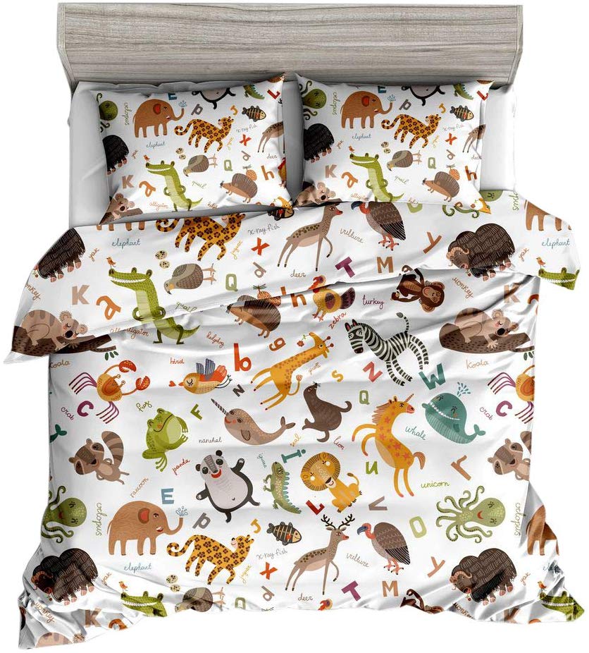 Price:$59.99    Jwellking LIL'ANIMALS Bedding Sets for Kids,3 Piece Full Size Duvet Cover Set,1 Duvet Cover+2 Pillow Shams.CartoonAnimal,English Alphabet and Animal Words Printed in Duvet Cover Sets,Help lernning  Home & Kitchen