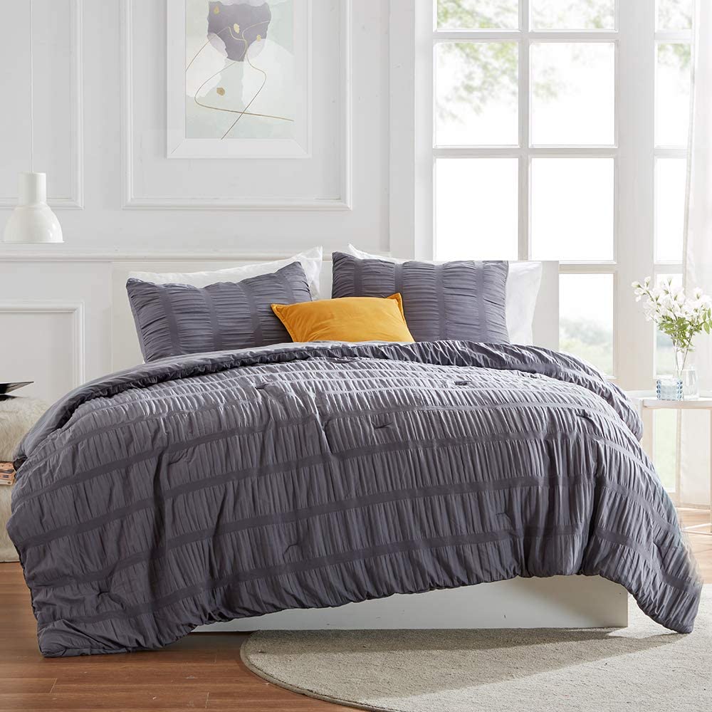 Price:$39.99    SLEEP ZONE All Season Seersucker Comforter Set Luxury Down Alternative Lightweight Easy-wash Fluffy Soft Microfiber Duvet Insert 3-Pieces (Gray, Full/Queen)  Home & Kitchen