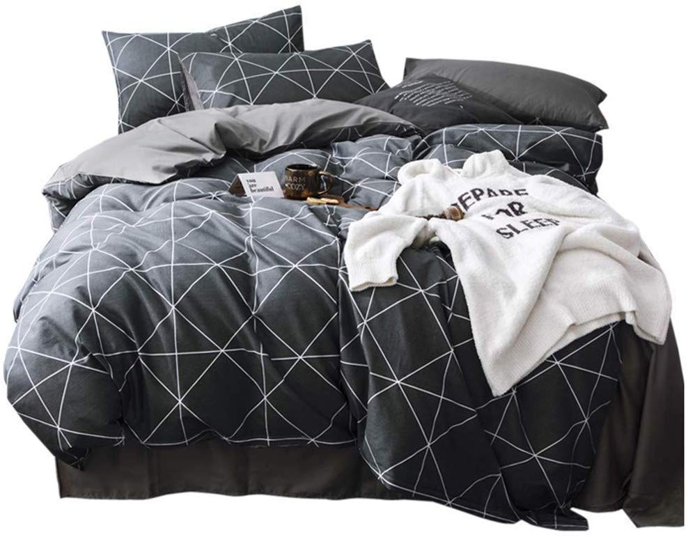Price:$58.00    VClife Queen Black-Gray Duvet Cover Sets Modern Plaid Geometric Printed Bedding Sets - 100% Cotton Boy Man Comforter Cover Sets, Luxurious Soft, Wrinkle, Fade, Stain Resistant, 90"x90", Queen  Home & Kitchen