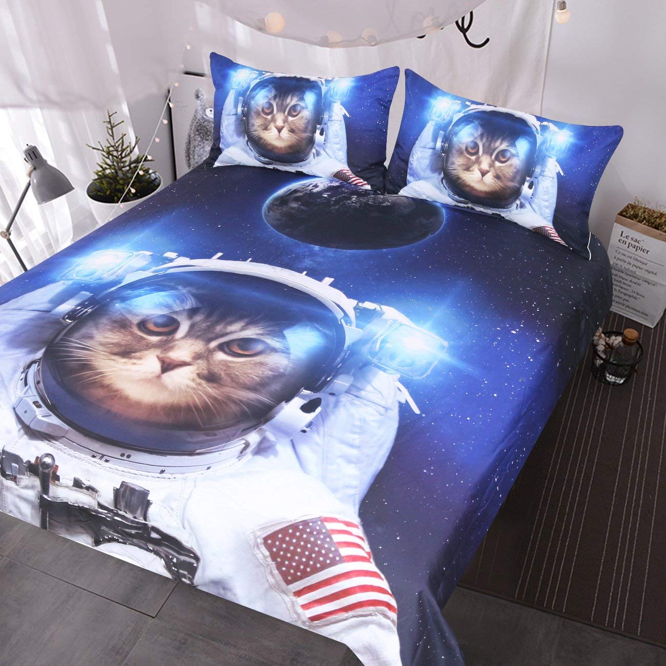 Price:$37.95    BlessLiving Funny Space Cat Bed Set 3 Piece Astronaut Pet Bedspread Teens Kids Blue Galaxy Bedding Star Universe Duvet Cover (Twin)  Home & Kitchen