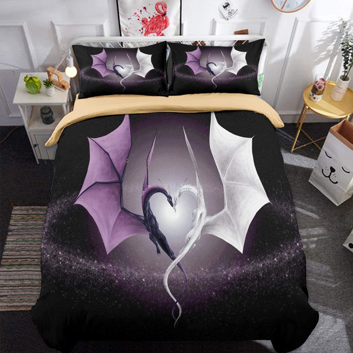 Price:$32.99    3 Pieces Dragon Duvet Cover Queen Size White and Purple Dragon Duvet Cover with 2 Pillowcases 3D Printed Cartoon Animal Dragon Bedding Set with Zipper Closure 90" x 90" GH036Q3U  Home & Kitchen
