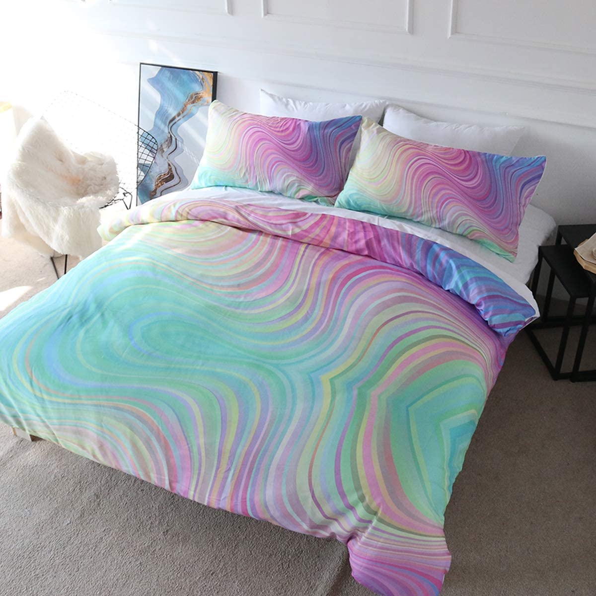 Price:$37.95    BlessLiving 3D Modern Pattern Bedding Set Duvet Cover Set Pastel Rainbow Marble Printed Comforter Cover 3 Pieces Bed Sets with 2 Pillow Cases (Twin)  Home & Kitchen