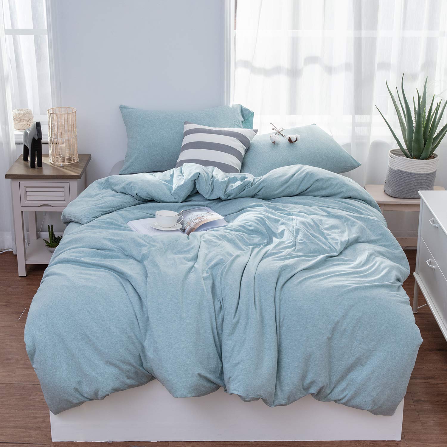 Price:$56.99    LIFETOWN Jersey Knit Cotton Duvet Cover Twin, 1 Duvet Cover and 2 Pillowcases, Simple Solid Deisgn, Super Soft and Easy Care (Twin/Twin XL, Aqua Blue)  Home & Kitchen