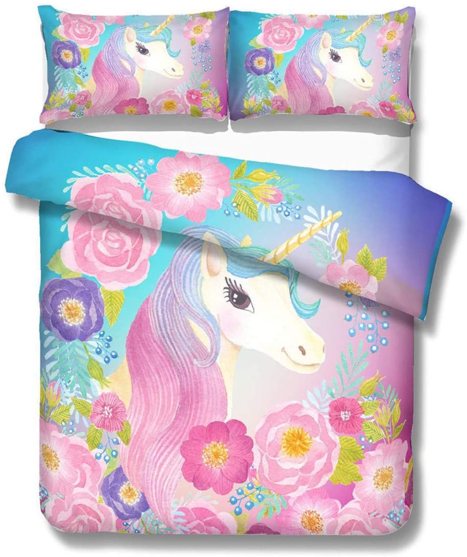 Price:$39.33    Prula Cooper Girl Unicorn Bedding Set Purple Pink Blue Bedding Duvet Cover Set Twin Girls Printed Modern Lightweight Kids Bedding Set for Teens (NO Comforter Included)  Home & Kitchen