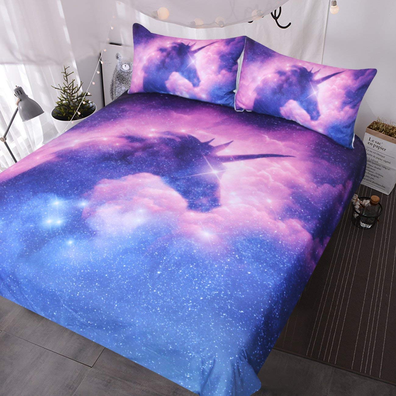 Price:$37.95    BlessLiving Galaxy Unicorn Bedding Kids Girls Psychedelic Space Duvet Cover 3 Piece Pink Purple Sparkly Unicorn Bedspread (Twin)  Home & Kitchen