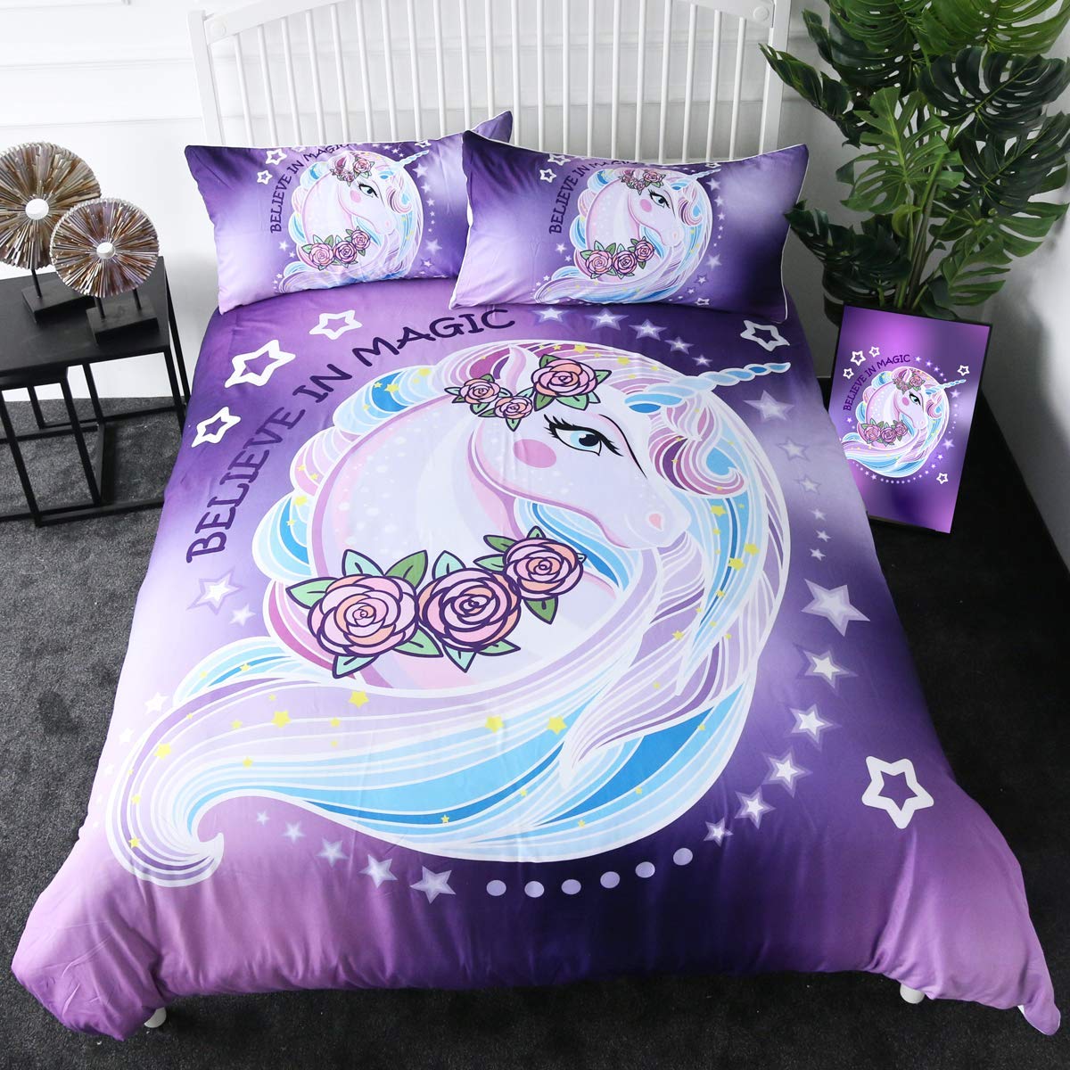 Price:$39.66    Sleepwish Purple Aqua Unicorn Bedding Sets Twin Size Kids Girls Rose Unicorn Flower Duvet Cover 3 Pieces Dreamy Cartoon Sparkle Lilac Unicorn Bed Set  Home & Kitchen