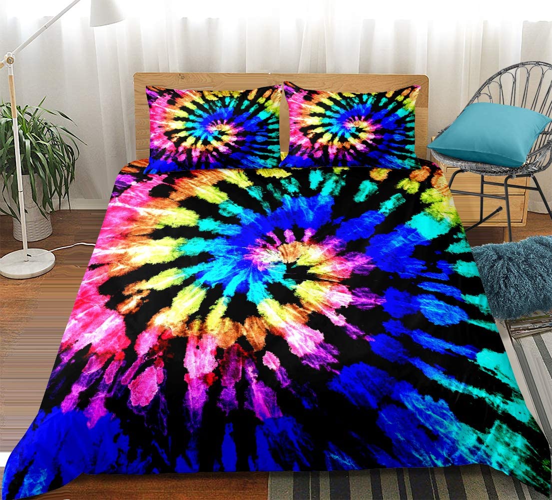 Price:$39.99    Blue Tie Dyed Bedding Tie Dyed Duvet Cover Set Blue Yellow Spiral Psychedelic Swirl Printed Design Boho Hippie Bedding Sets Twin (66x90) 1 Duvet Cover 1 Pillowcase (Twin, Blue)  Home & Kitchen