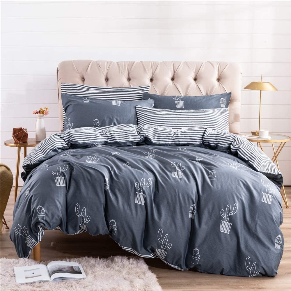 Price:$58.99    PinkMemory Queen Cactus Duvet Cover Cotton Cactus Bedding Set Gray Blue Reversible Cactus Printing Stripe Design Zipper Closure Corners Ties-Cactus,Queen  Home & Kitchen