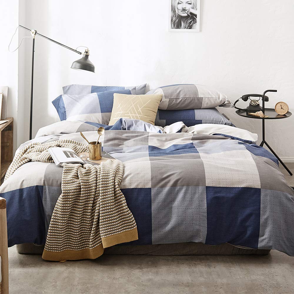 Price:$48.99    【Latest Arrival】 Modern Plaid Duvet Cover Twin for Kids Adults 100% Cotton Dark Blue Bedding Set 3 Pieces with Ties Zipper, NO Comforter NO Sheet  Home & Kitchen