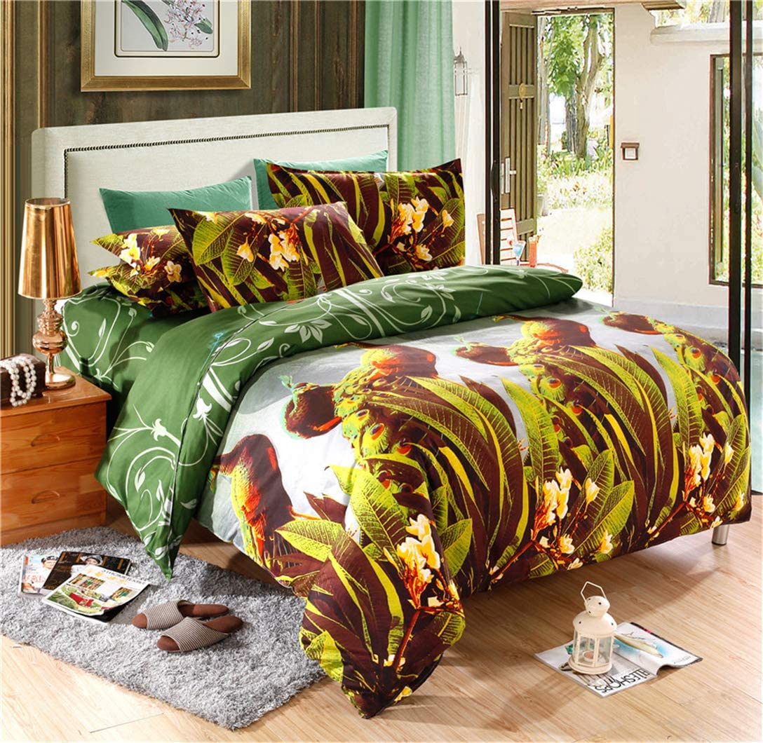 Price:$40.99    3D Peacock Bedding Set Twin Size Jungle Green Leaves Printed Duvet Cover Set,4Pcs Animal Design Bedding Flat Sheet Pillowcase  Home & Kitchen