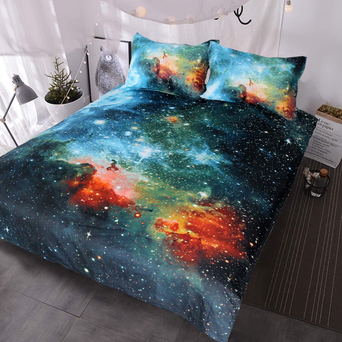 Price:$25.50    BlessLiving Galaxy Bedding Kids Boys Girls Outer Space Bedding Sets 3 Piece Red Blue Green Nebula Duvet Cover Universe Bed Set (Twin)  Home & Kitchen