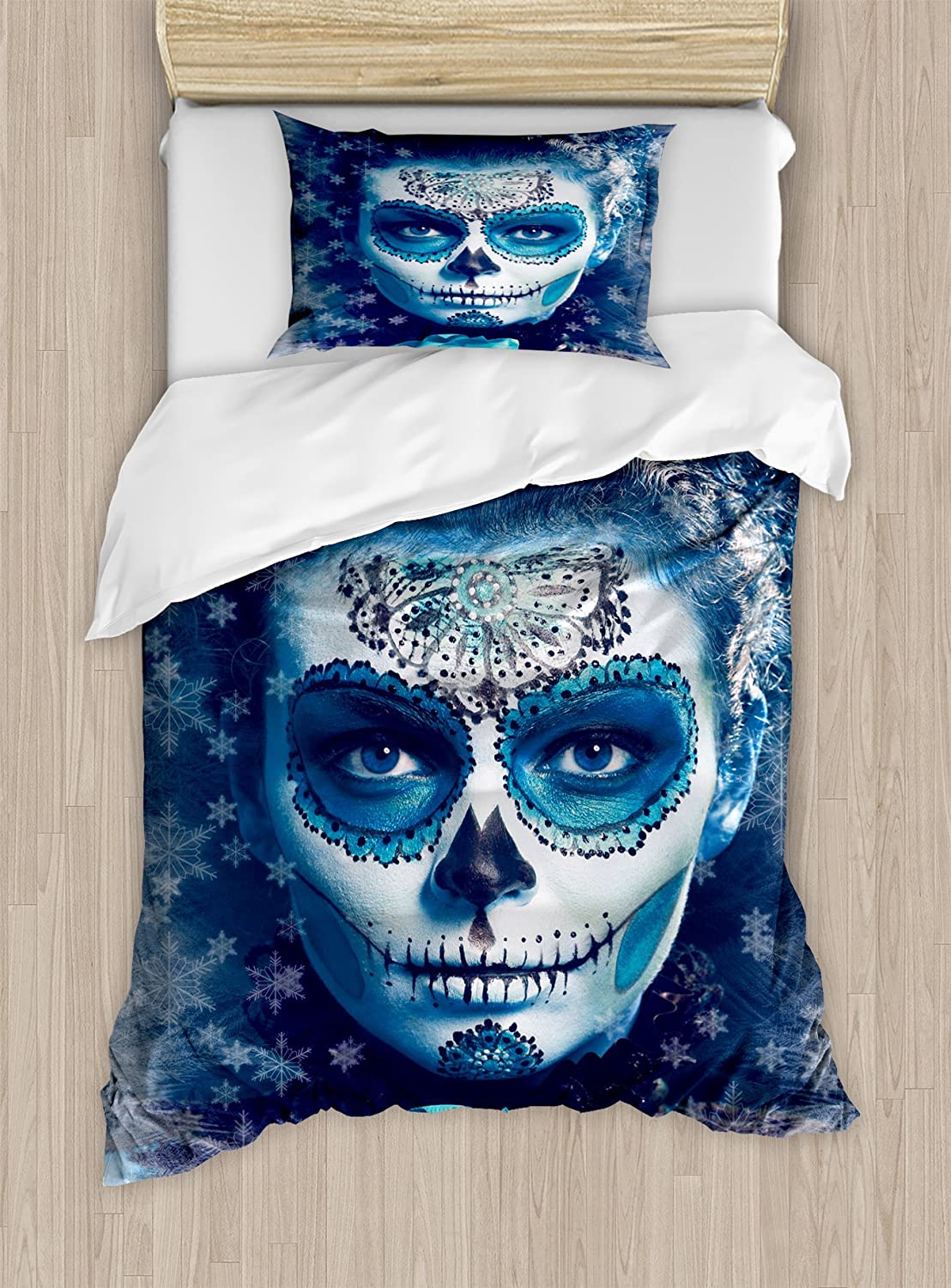 Price:$69.95    Ambesonne Sugar Skull Duvet Cover Set, Santa Muerte Concept Winter Season Ice Cold Snowflakes Frozen Dead Folkloric, Decorative 2 Piece Bedding Set with 1 Pillow Sham, Twin Size, Blue  Home & Kitchen