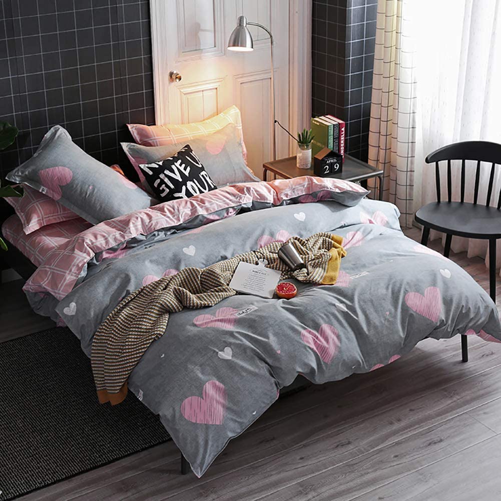 Price:$32.99    Omelas 3pcs Girls Pink Grey Heart Duvet Cover Set Twin Size Pink White Plaid Reversible Bedding Set Ultra Soft Microfiber Quilt Cover Without Comforter  Home & Kitchen