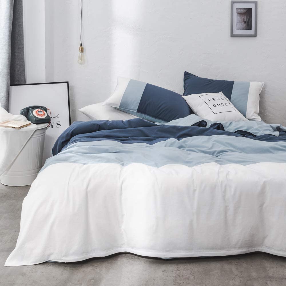 Price:$65.99    LifeTB Blue White Stripe Duvet Cover Queen Bedding Modern Geometric Comforter Cover Washed Cotton Bedding Collection Patchwork Striped Quilt Cover Reversible Full Queen Bedding Cotton Duvet Cover Set  Home & Kitchen