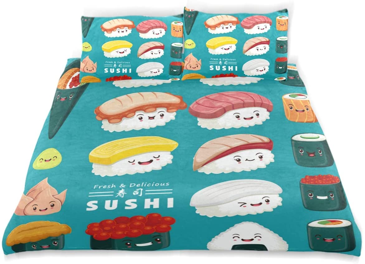 Price:$70.99    LUCASE LEMON ALEX 3 Pieces Blue Cute Cartoon Japanese Sushi Duvet Cover Set (1 Duvet Cover + 2 Pillowcases) Twin Size Velvet Bedding Set Decorative for Kids Teens Boys Girls  Home & Kitchen