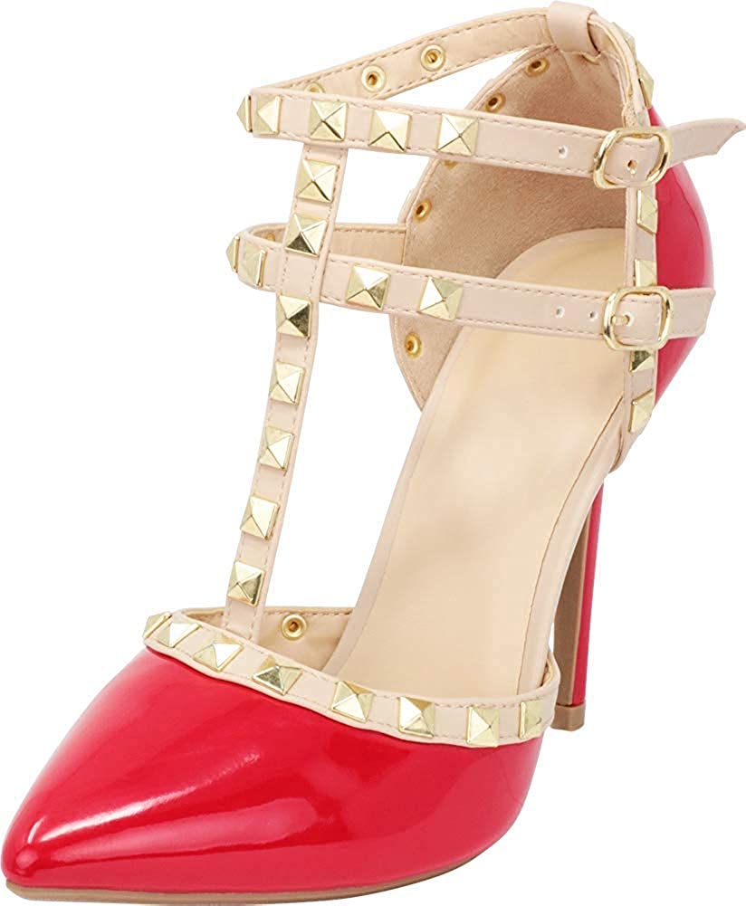 Price:$27.59   | Wild Diva Womens Pointy Toe Gold Stud Strappy Ankle T-Strap Stiletto Heel Pump Sandal, 5 B(M) US, Red Patpu | Pumps