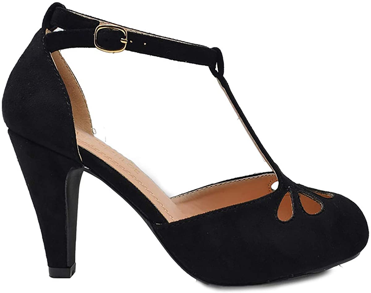 Price:$32.95   | Chase & Chloe Kimmy-36 Women's Teardrop Cut Out T-Strap Mid Heel Dress Pumps, Black Nubuck, 5.5 | Pumps