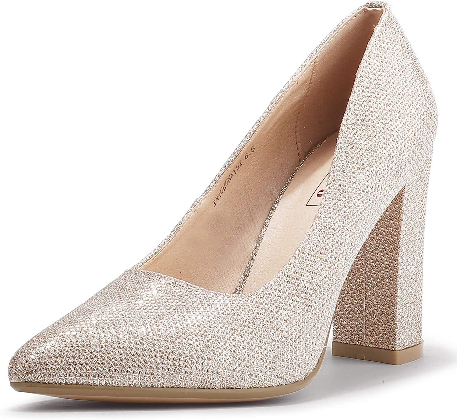 Price:$36.99   | IDIFU Women's IN4 Chunky-HI Block High Heels Closed Pointed Toe Pumps Dress Office Shoes for Women (5, Gold Glitter) | Pumps