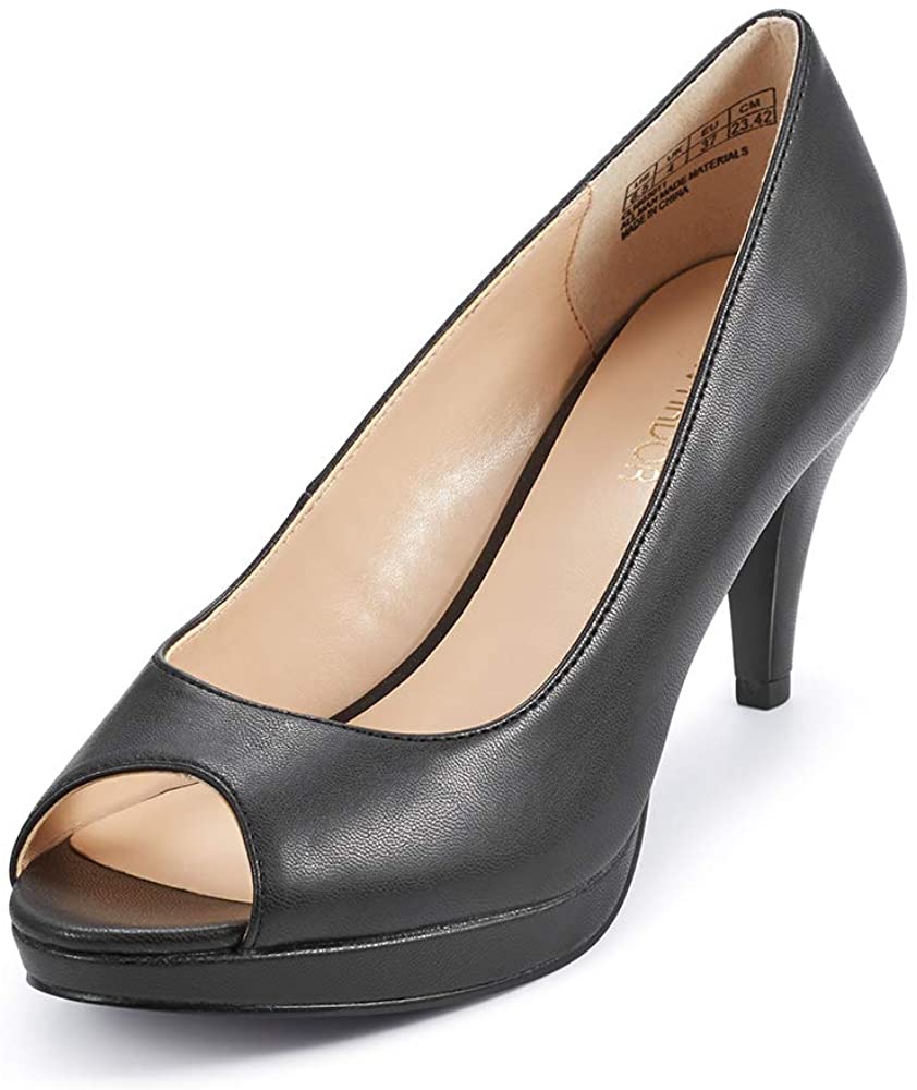 Price:$25.99   | JENN ARDOR Women's Ladies Classic Mid Heel Round Peep Toe Pumps Dress Party Slip On Sandals Platform Comfort Heels Black | Pumps