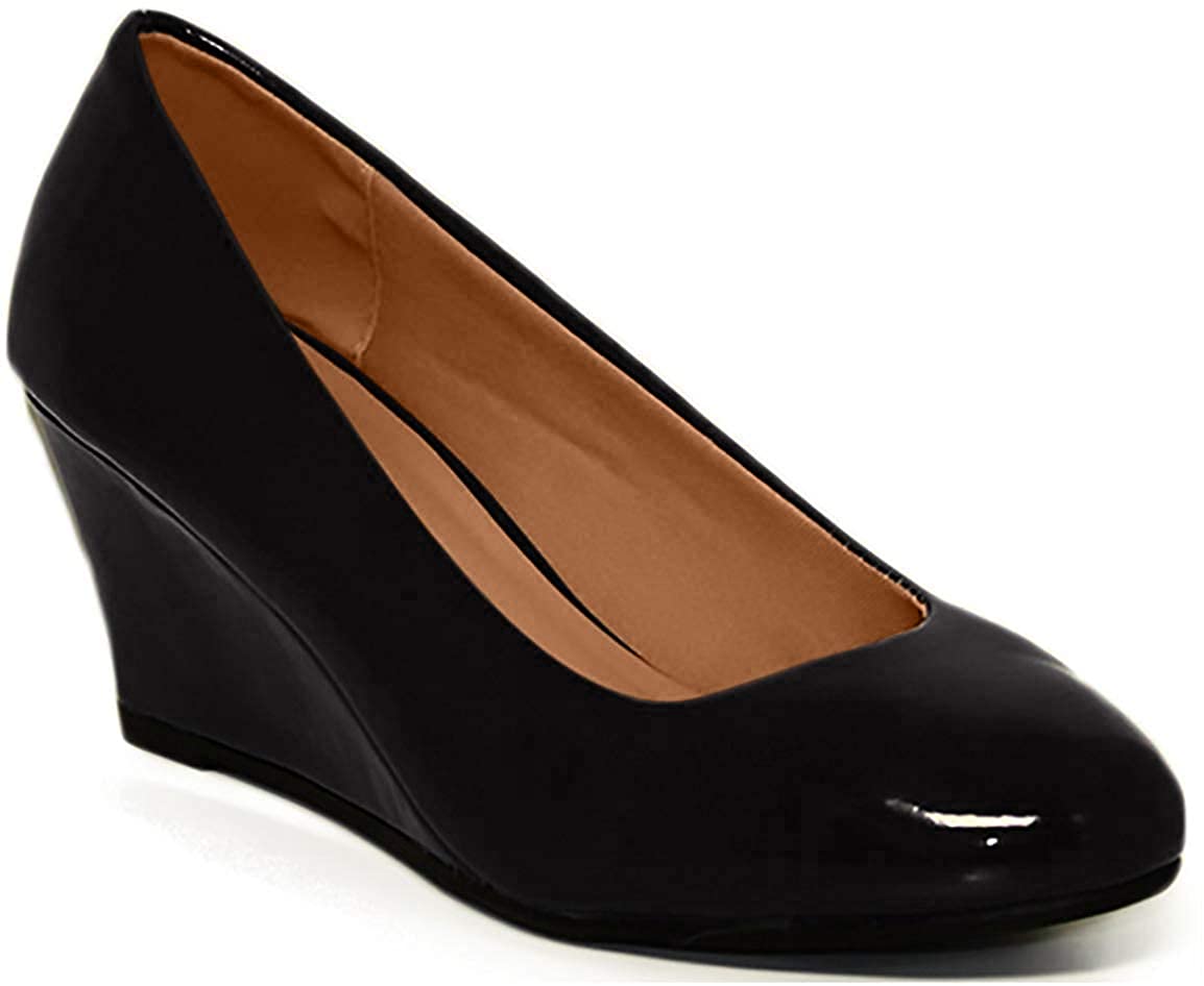 Price:$19.99   | Forever Link Women's DORIS-22 Patent Round Toe Wedge Pumps Black 5 | Pumps