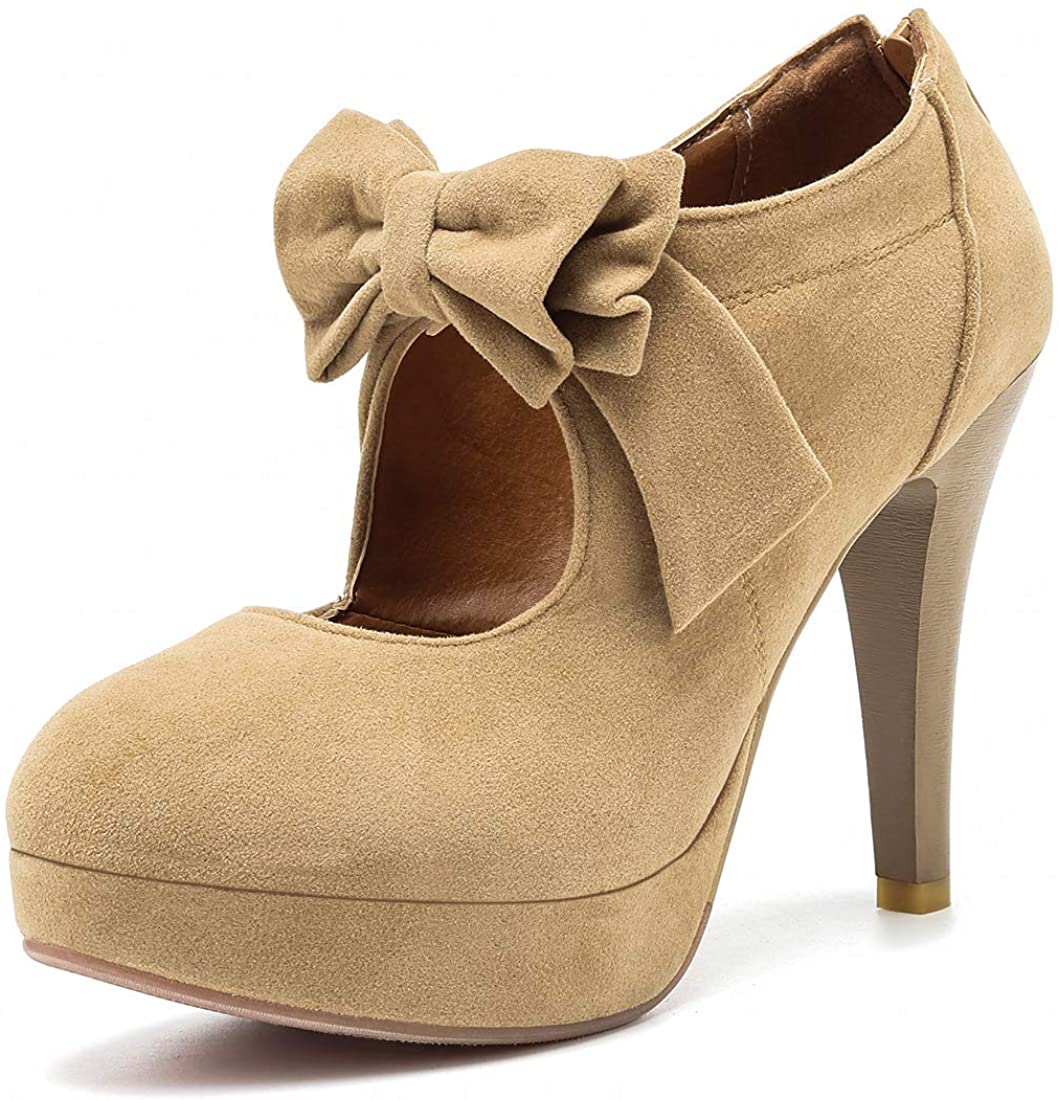 Price:$32.69   | Fashion Vintage Womens Small Bowtie Platform Pumps Ladies Sexy High Heeled Shoes, Apricot, 4 B(M) US | Pumps