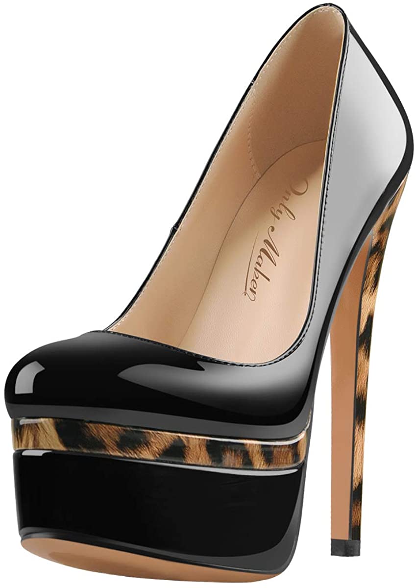 Price:$47.99   | Onlymaker Women's Fashion Super High Heel Slip On Stiletto Pump Double Platform Closed Toe Wedding Party Shoes Black Leopard 5 M US | Pumps