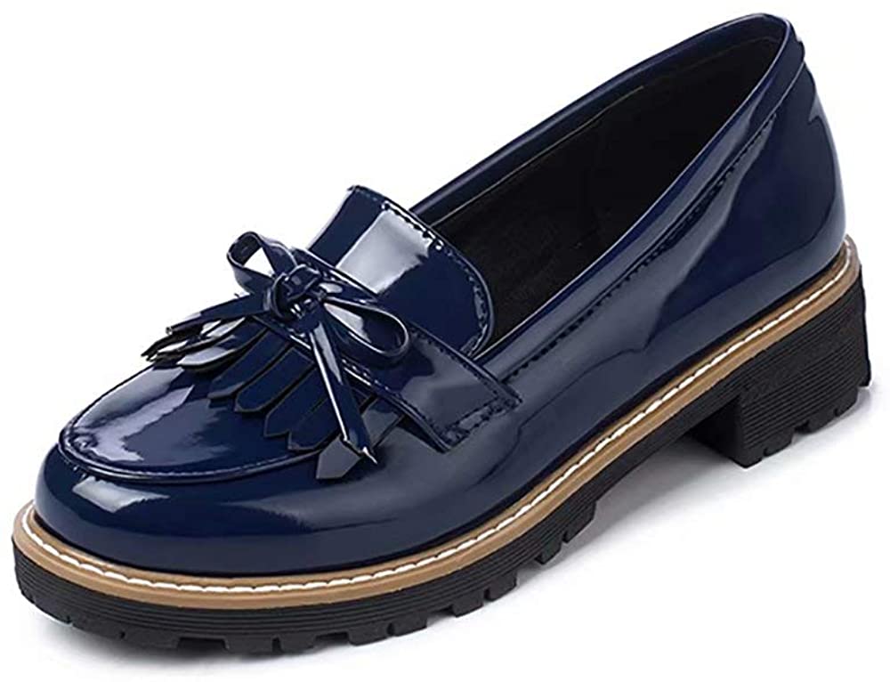 Price:$19.99   | KARKEIN Women's Patent Leather Slip On Shoes Tassel Low Heel Penny Loafers Bowknot Oxford Shoes | Loafers & Slip-Ons