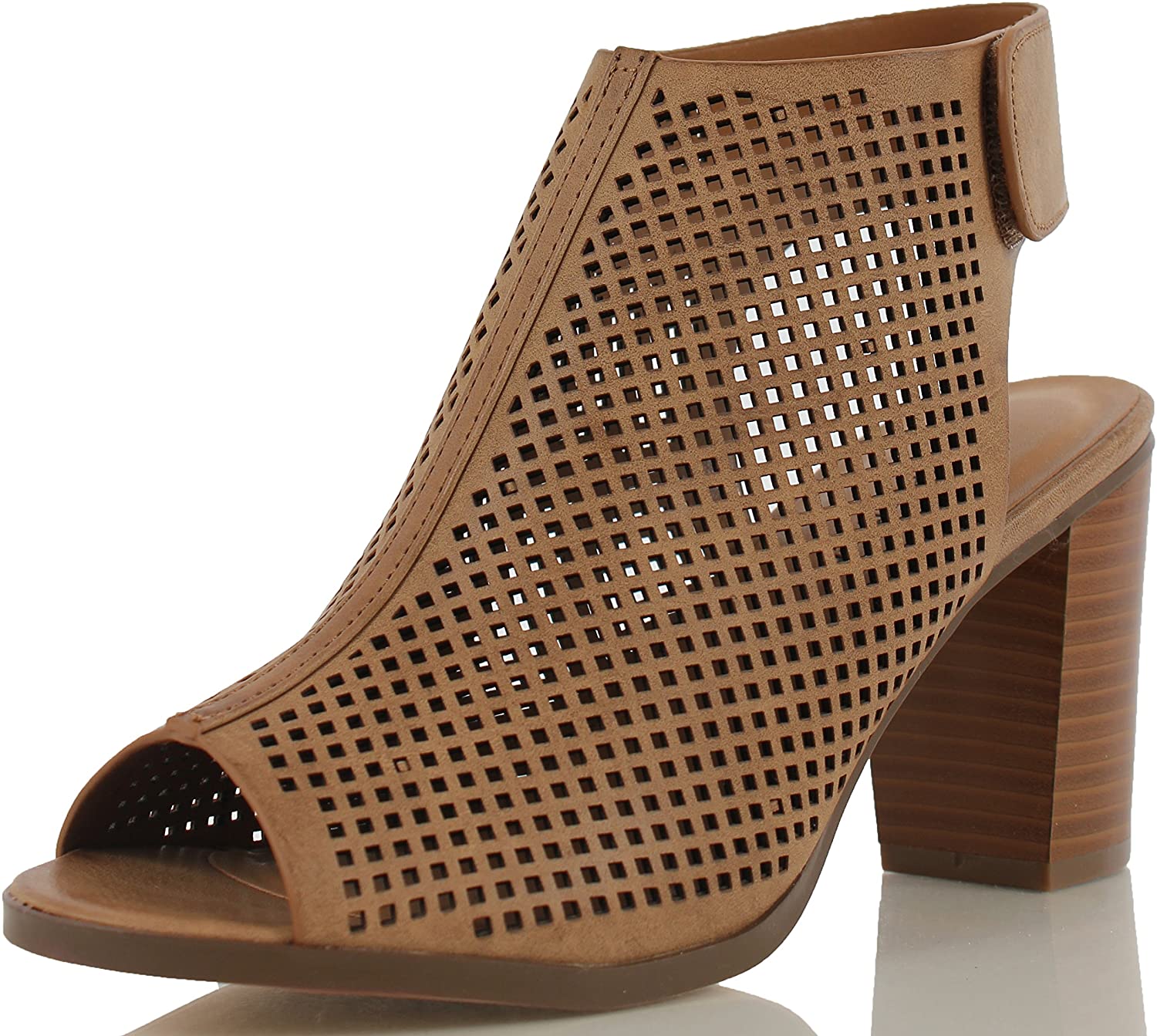 Price:$24.47   | City Classified Women's Roadway Peep Toe Laser Cut Slingback Stacked Heels | Heeled Sandals