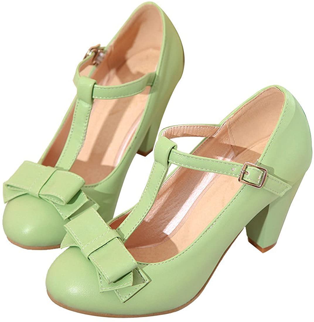 Price:$30.99   | Susanny Women's Chic Sweet Round Toe T-Strap Bows Adorable Buckle High Cone Heel Mary Janes Dress Pumps | Pumps