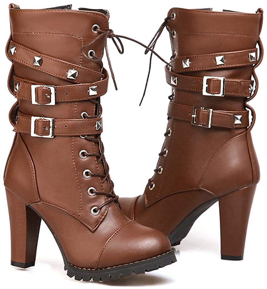 Price:$27.99   | Susanny Women's Mid Calf Leather Boots High Heel Lace Up Military Buckle Motorcycle Cowboy Ankle Booties | Mid-Calf