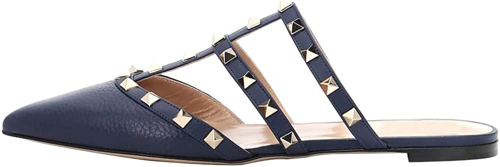 Price:$19.89   | Themost Mules for Women Rivet Stud Pointed Toe Mule Studded Strappy Slipper Flat Sandals Slip On Loafer Slides Nude | Mules & Clogs