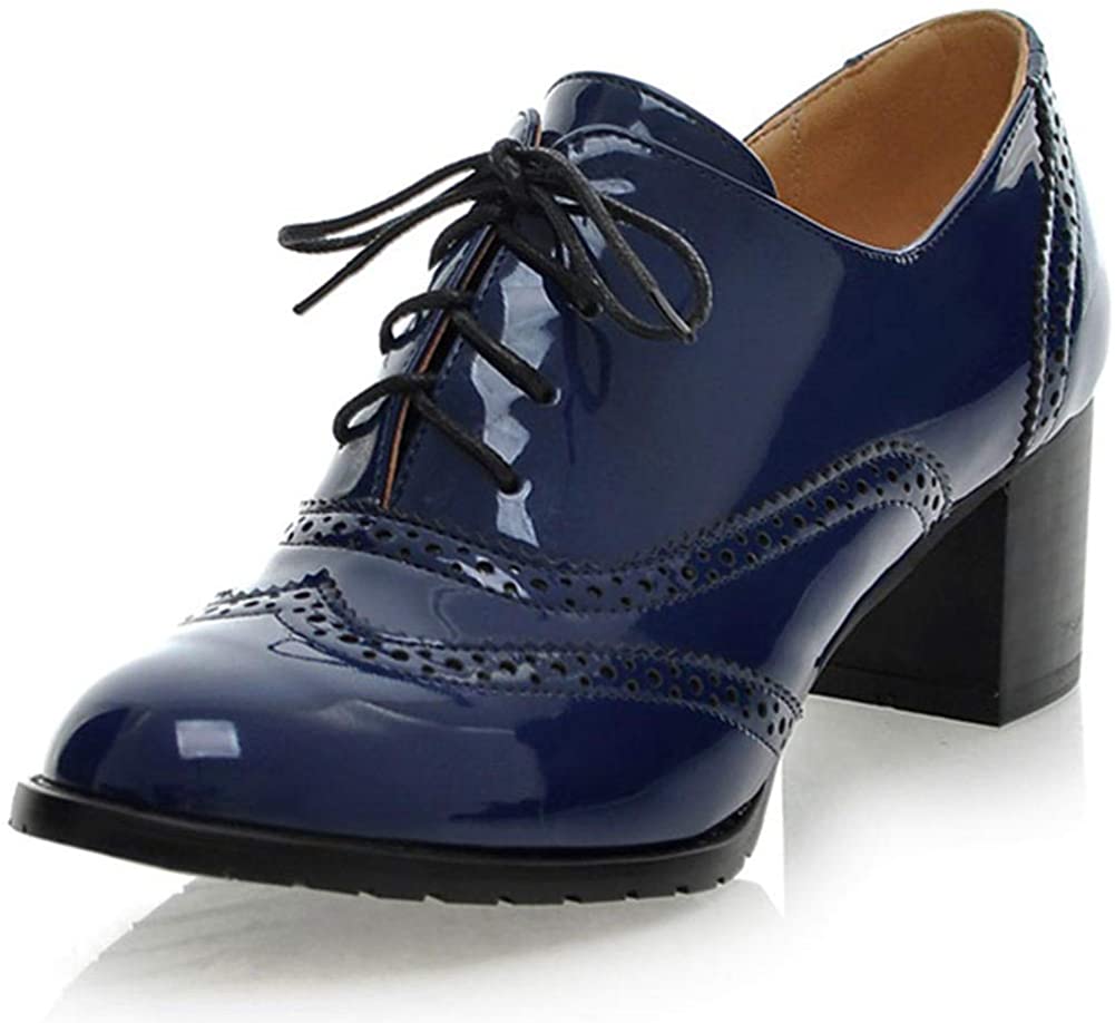 Price:$19.99   | Women's Vintage Oxford Heels, Wingtip Lace-up Chunky Mid Heel Leather Ankle Booties Brogue Shoes | Oxfords