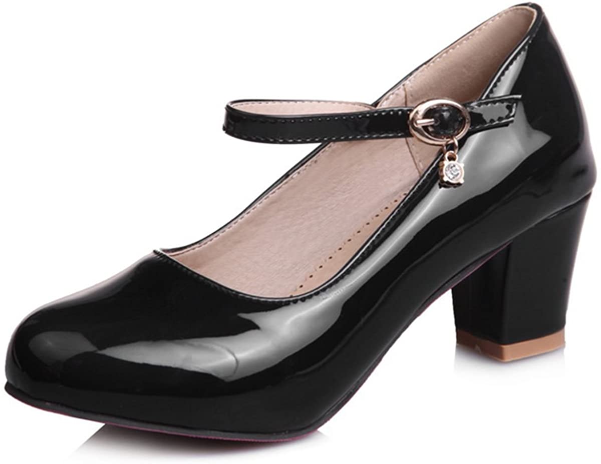 Price:$26.99   | DecoStain Women's Causal Patent PU Leather Ankle Strap Mary Janes Block Mid Heel Pumps Shoes | Pumps