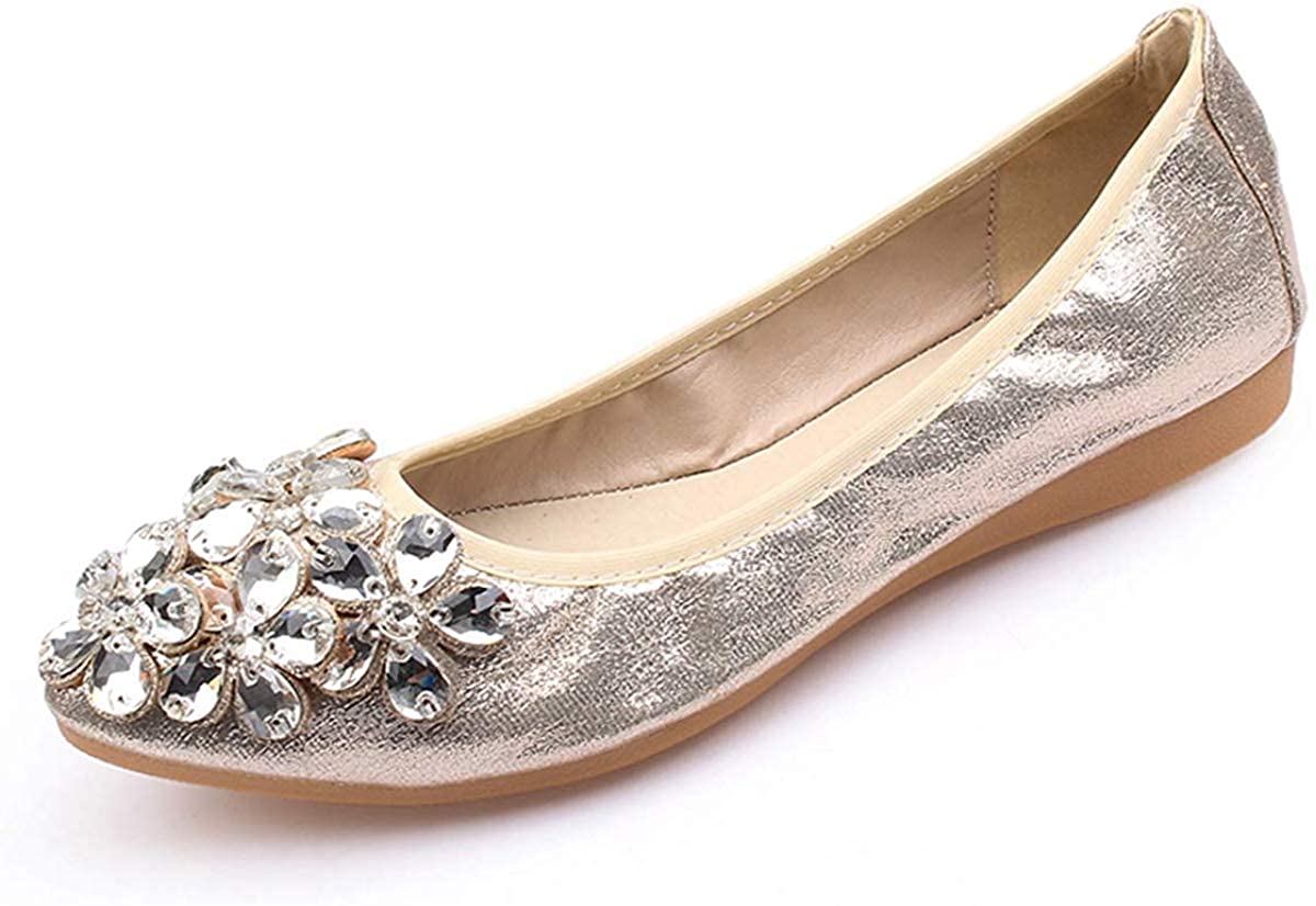 Price:$18.99   | Lauthen.S Women Foldable Ballet Flats, Pointed Toe Wedding Rhinestone Slip on Flat Shoes | Flats