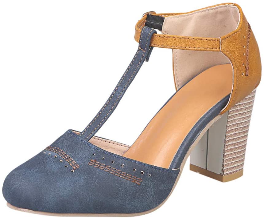 Price:$12.51     Armfre Women's Chunky Block Heel Pump Leather Perforated Classic T-Strap Dress Pumps Round Toe Casual Walking Sandals Shoes   Sports & Outdoors