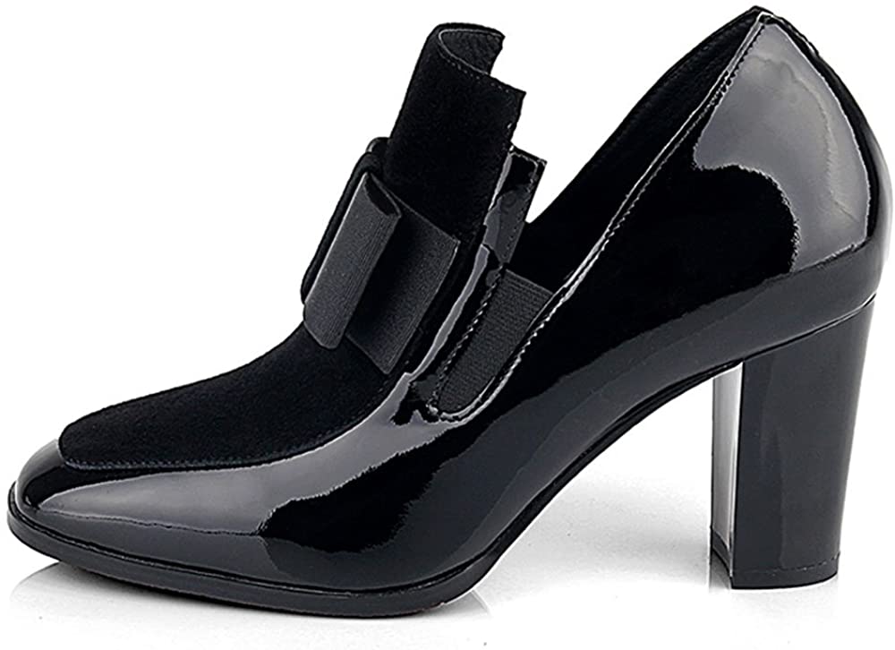 Price:$46.99   | BYOMIGY Women Bowknot Square Toe Leather Thick Heel Toe Platform Pumps Ankle | Ankle & Bootie