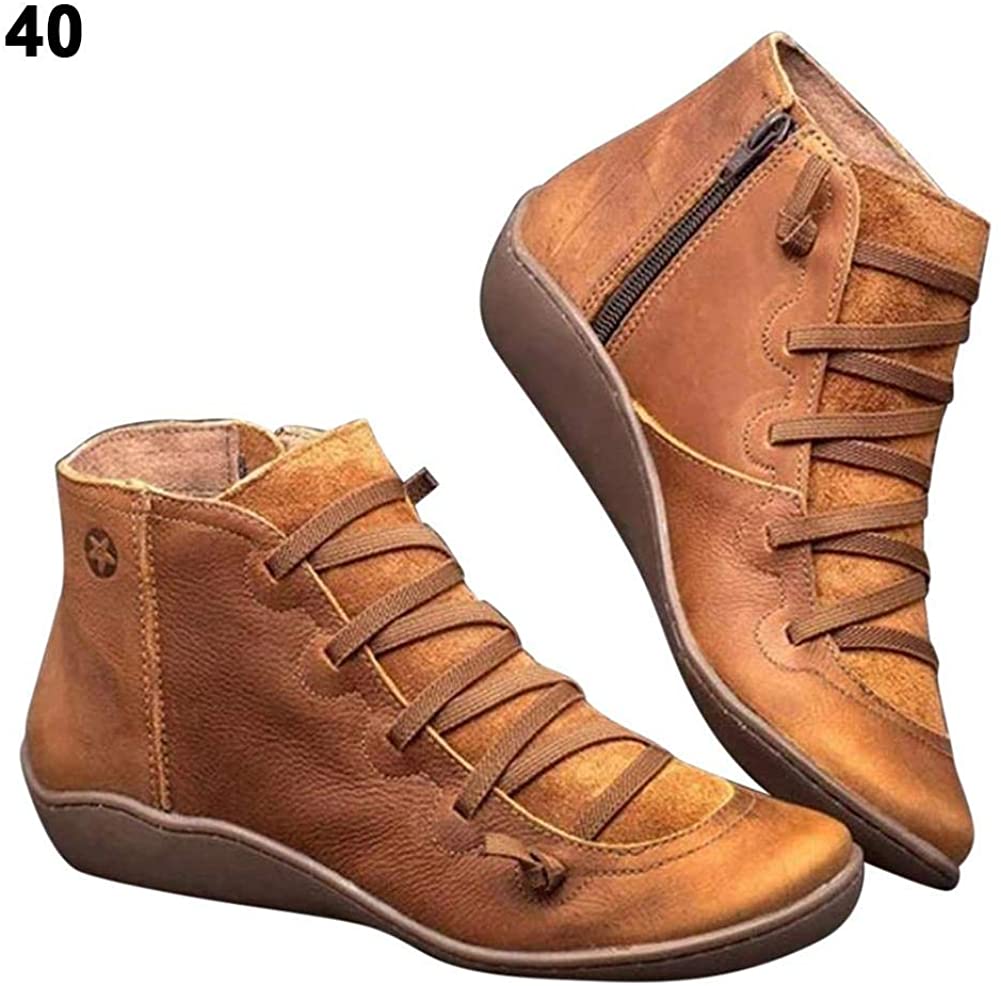 Price:$20.78   | Women Arch Support Boots Fashion Ankle Boots with Side Zipper Shoes Leather Waterproof Anti-Slip Walking Boots Flat Heel Arch Support Boots for Women Braided Strap Flat Heel All Season Boots Brown | Ankle & Bootie