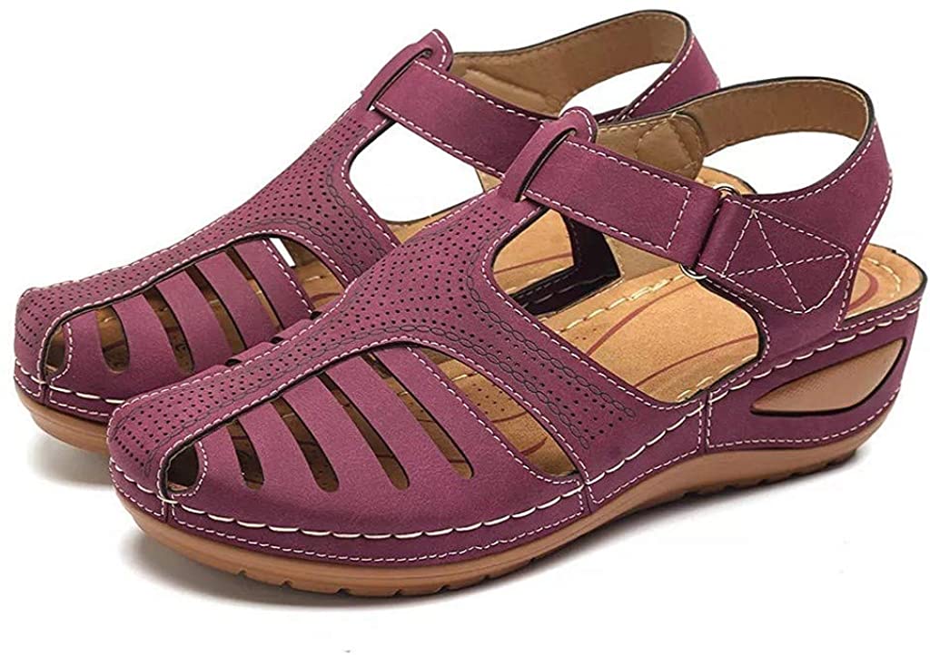 Price:$16.99    Women's Summer Wedges Soft Leather Sandals Comfortable Flat Shoes Non-Slip Casual Strap Hollow Closed Toe Sandals Koippimel  Clothing