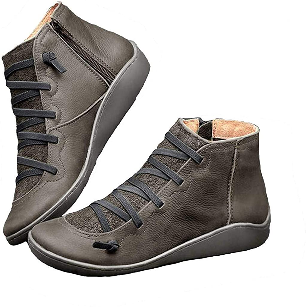 Price:$13.99   | ChenLee Women's 2019 New Arch Support Boots with Side Zipper Vintage Leather Ankle Boots Comfortable Damping Shoes Flat Heel Booties | Ankle & Bootie