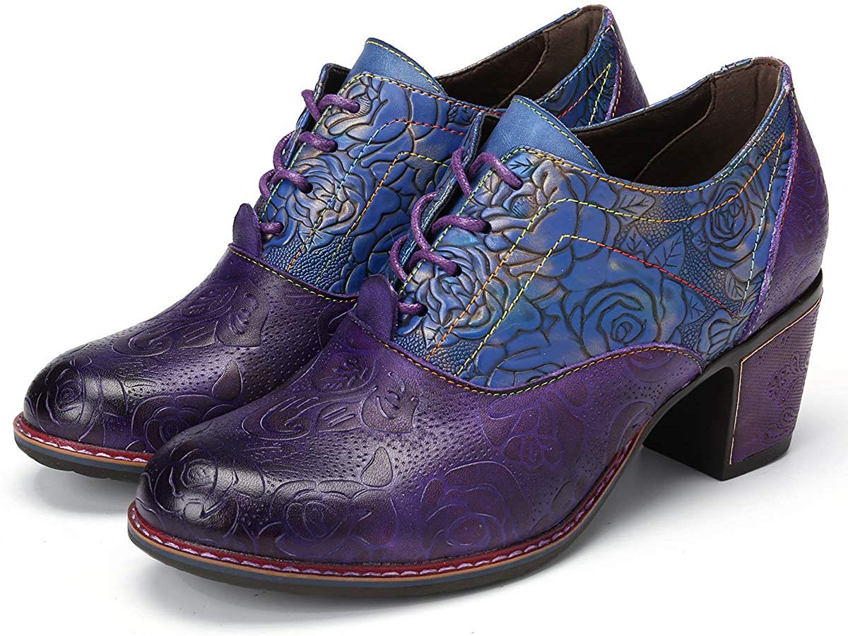 Price:$49.98   | gracosy Leather Pumps for Women, Leather Oxford Dress Shoes Retro Handmade Floral Mid Heel Shoes Lace up Block Heel Pumps | Pumps