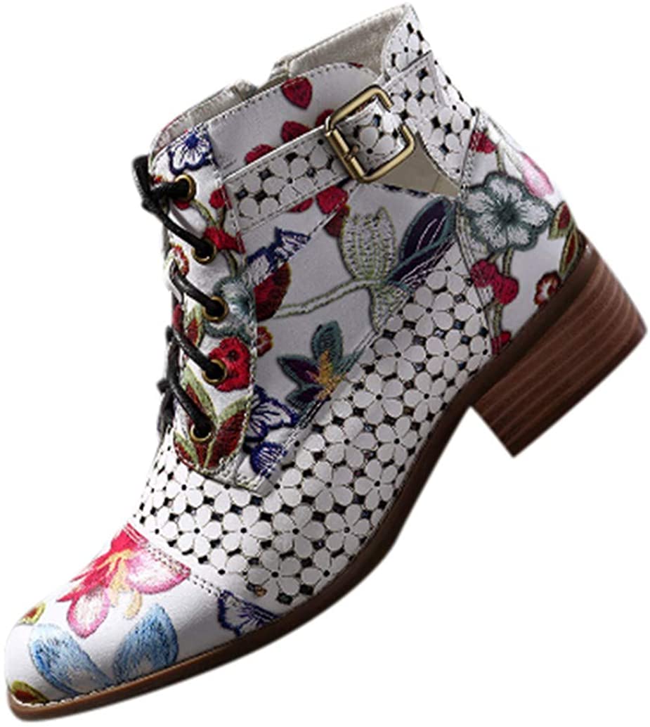Price:$19.69    Short boots Lace Up Stitching Ankle Boots Ink Painting Flower Pattern Cow Leather Splicing shoes  Clothing