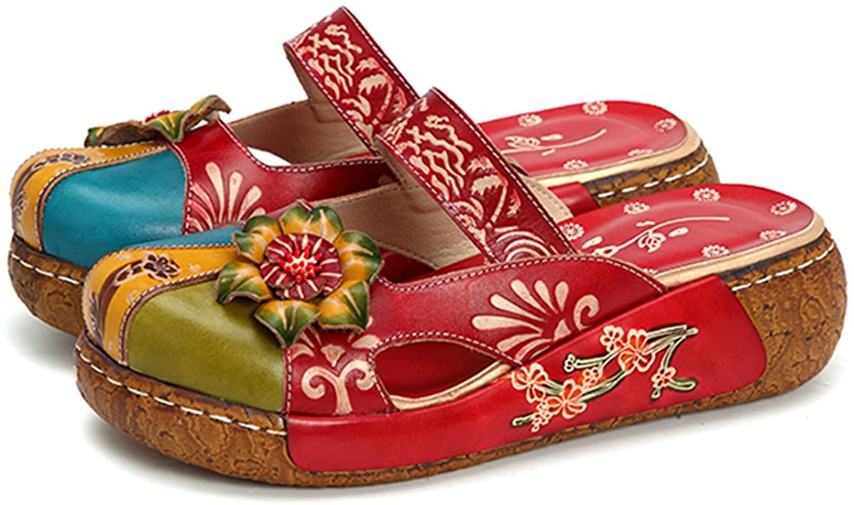 Price:$53.98   | gracosy Women's Colorful Leather Slipper Backless Slip Ons Vintage Handmade Flower Boho Platform Flat Sandals Mule Clogs Shoes | Mules & Clogs