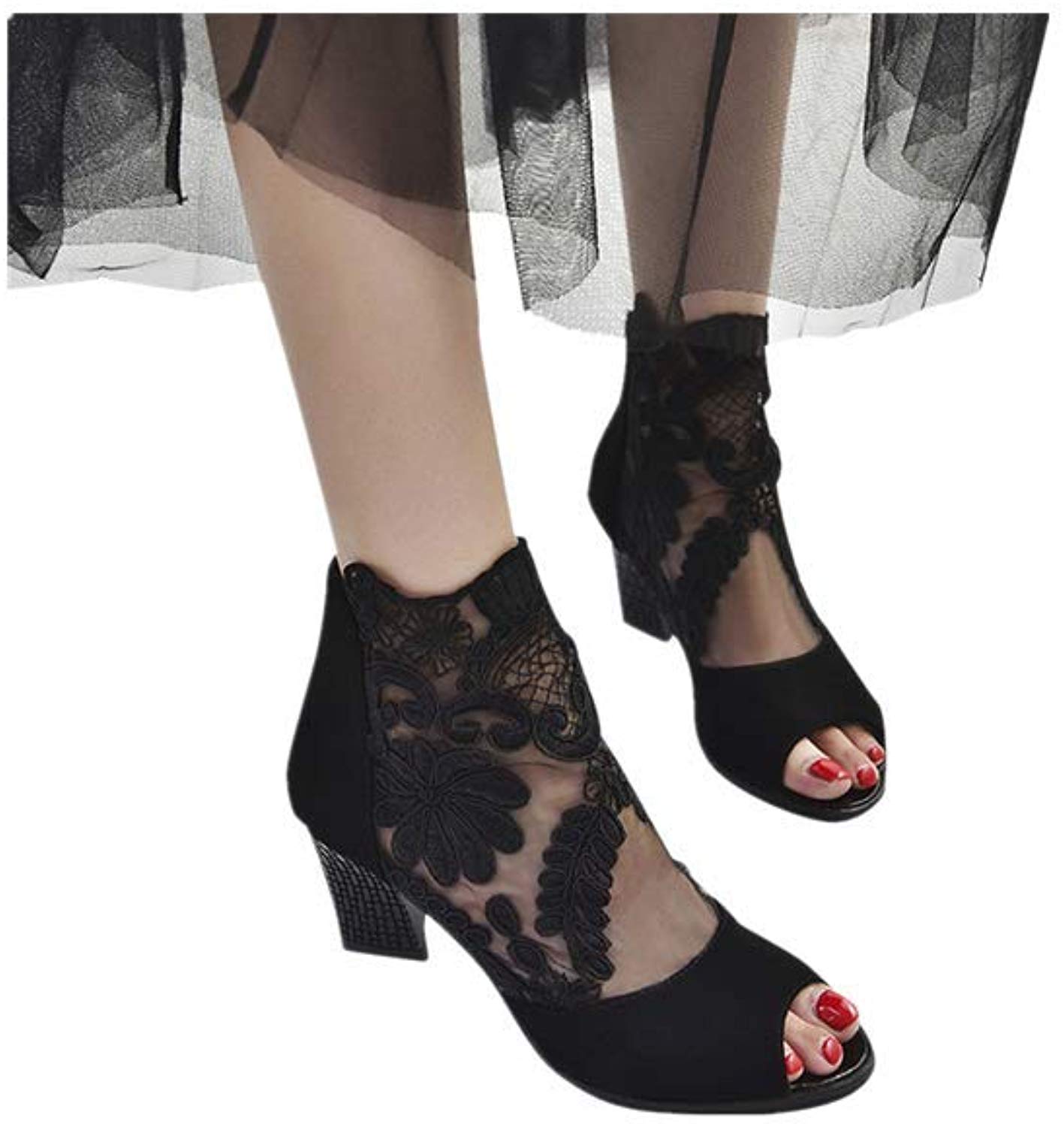 Price:$8.77    Limsea Women Mesh Zip Bootie Slip On Ankle Stacked Block Heel Open Peep Toe Lace Party Singel Shoes  Clothing