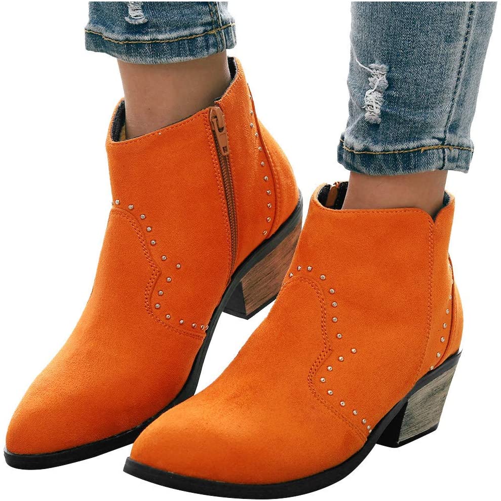 Price:$16.99    Women's Rhinestone Ankle Booties Comfy Low Heel Flock Leather Short Boots Closed Toe Stacked Chunky Block Western Shoes  Sports & Outdoors