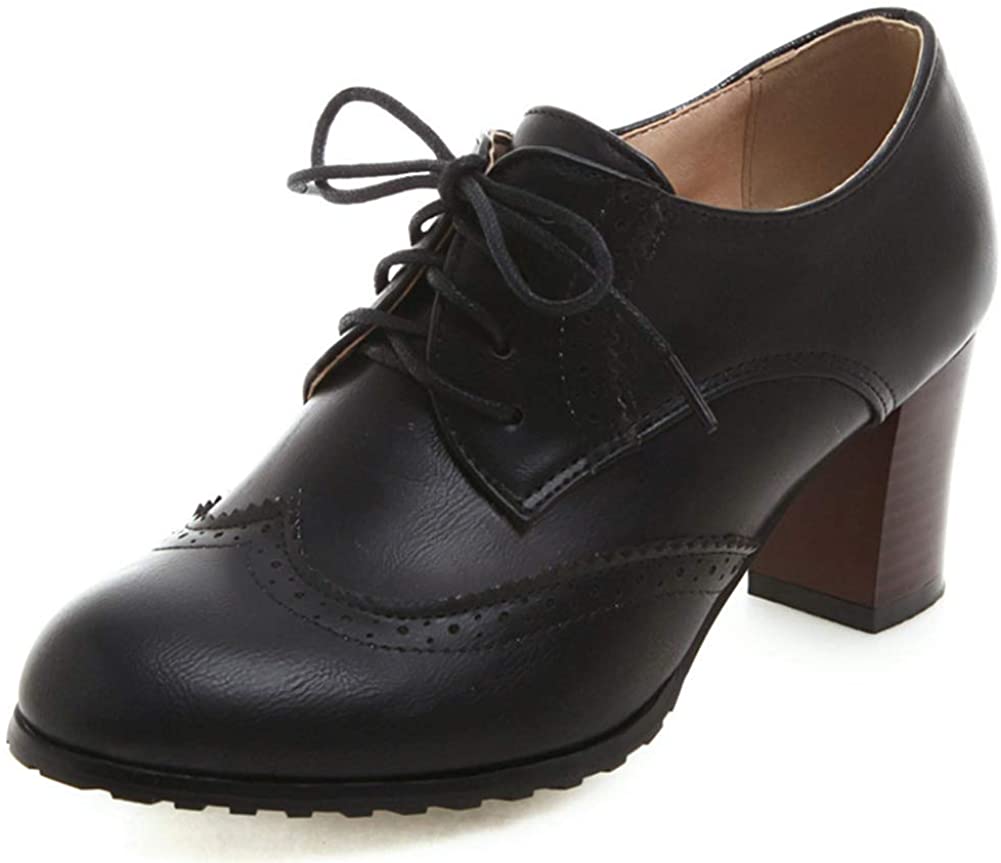 Price:$19.90   | DoraTasia Women's Vintage Lace Up Brogue Heels Wingtip High Heel Oxfords Casual Ankle Booties British Style Single Shoes Chunky Heel | Oxfords